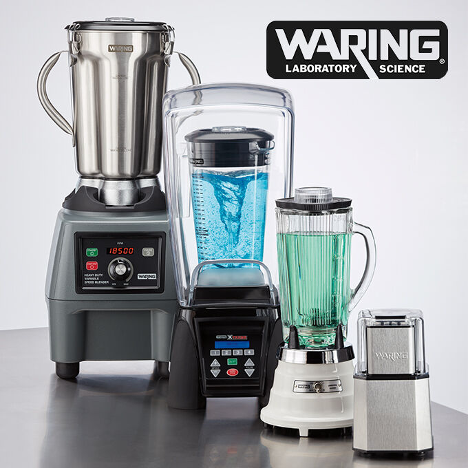 3 Laboratory blenders and 1 spice grinder on a stainless steel counter